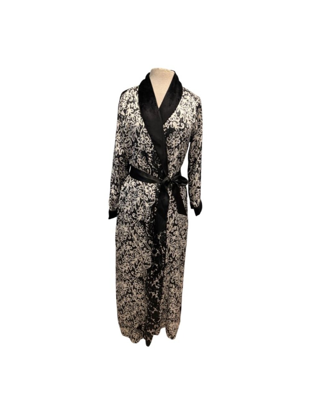 Oscar de la Renta Long Robe M Black Ivory Lace Print Satin Trim Belted 54” - Picture 2 of 9